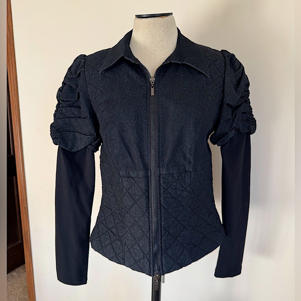 BISOU BISOU Dark Wash Denim Blue Black Jacket Ruched Shoulder Coat Medium